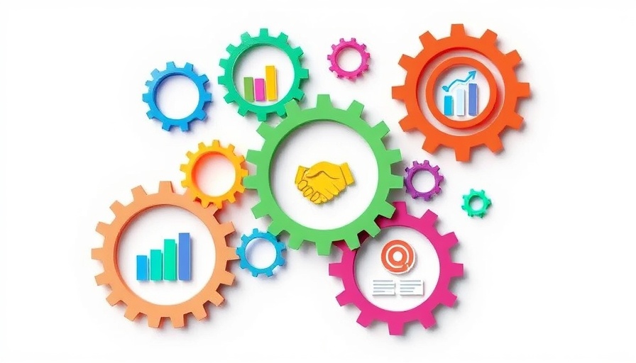 Colorful gears with business icons illustrating collaboration.