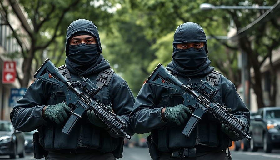 Two masked soldiers in Tripoli holding rifles, tense urban scene.