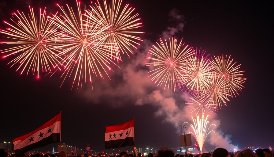 Celebration with fireworks and Syrian flag at night, Trump lifts sanctions on Syria.