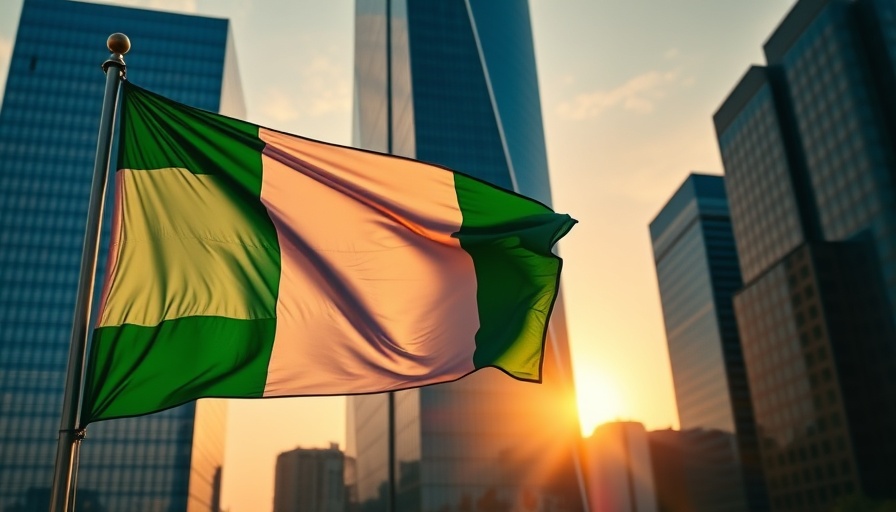 Nigerian flag with modern building reflecting sunset, symbolizing Nigeria economic growth.