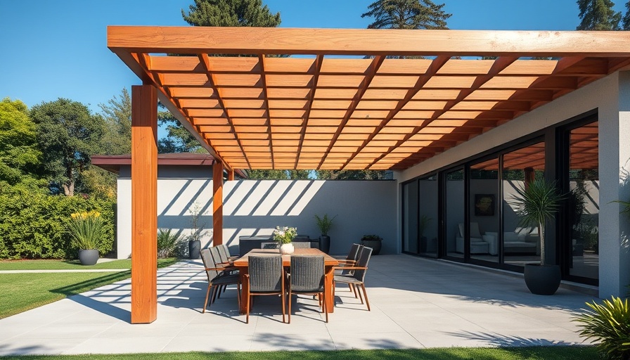 Modern patio design with pergola and seating, lush greenery backdrop.
