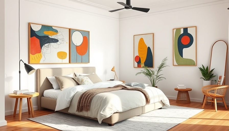 Scandinavian bedroom in Copenhagen Airbnb with vibrant art.