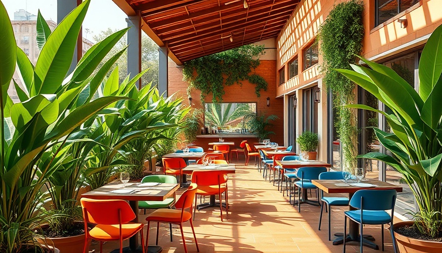Outdoor dining area with modern furniture and lush plants, ideal for backyard environment.
