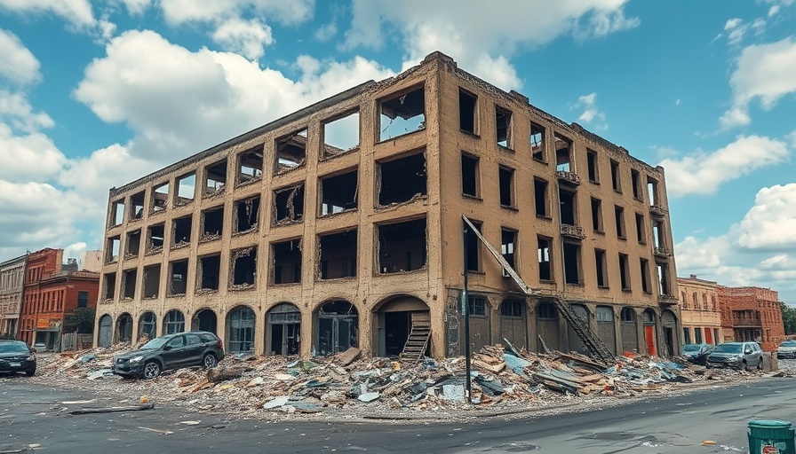 Midwest tornadoes impact seen in damaged building aftermath.