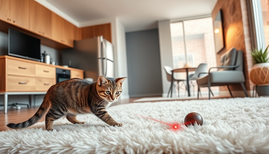 AI in pet care: Cat playing with a laser dot in a modern living room.