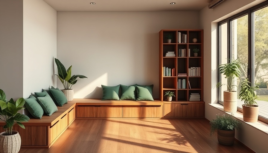 Efficient 430-square-foot house extension with wooden seating area and bookcase.