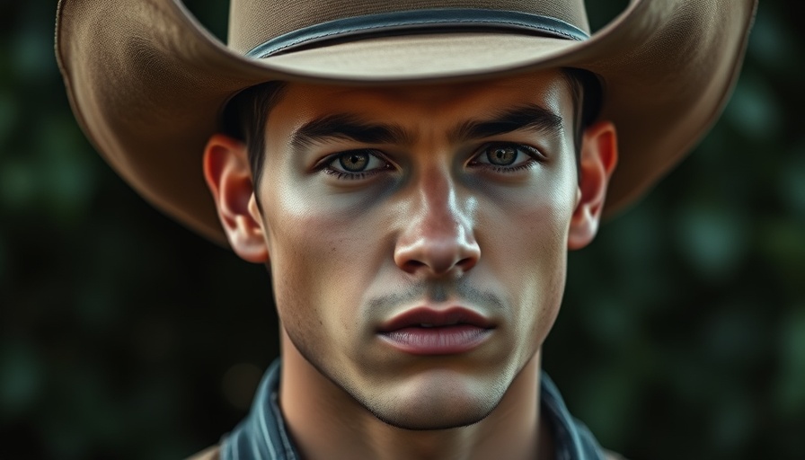 Young man in cowboy hat, intense look, photorealistic portrait.