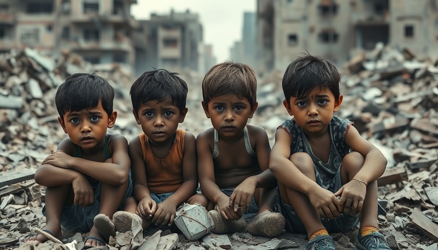 Children amidst ruins reflecting global hunger crisis 2024.