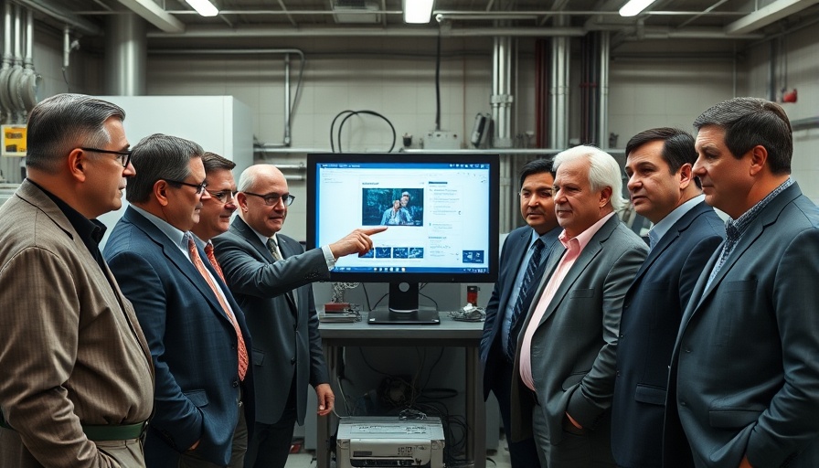 Putin's web of influence: Group observing computer in industrial setting.