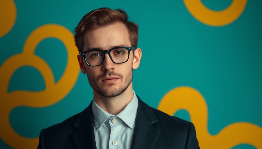 Portrait of a man in a suit with glasses on a teal and yellow abstract background.