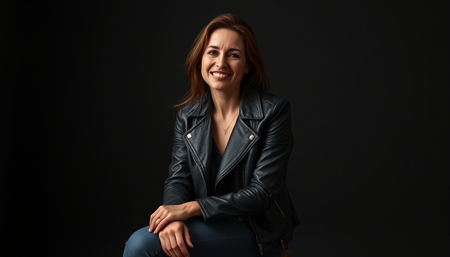Confident woman discussing on a stool in dark setting.