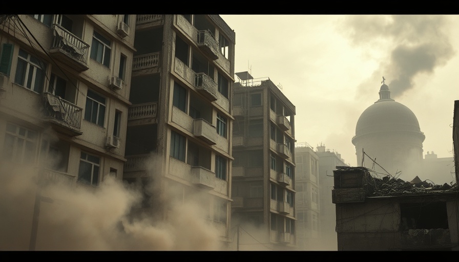 War-torn buildings in Gaza amid smoke, highlighting forced displacement.
