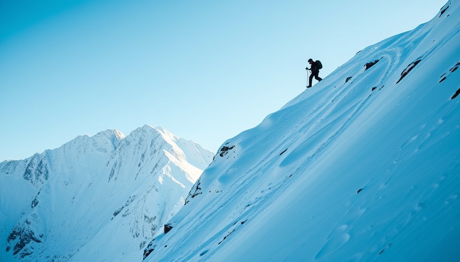 Snow-covered Mount Lhotse with climber silhouette, dramatic landscape.