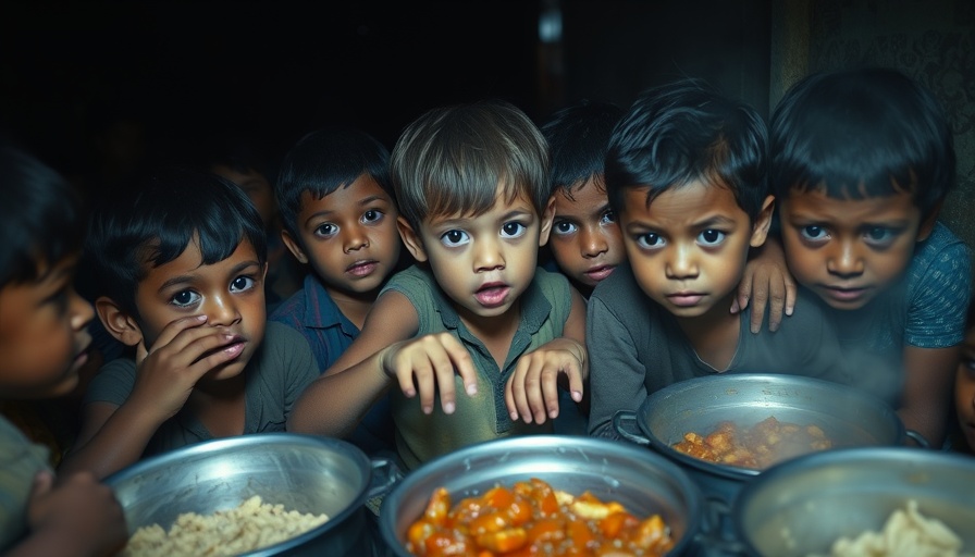 Children reaching for food, aid trucks stuck at Gaza border context.