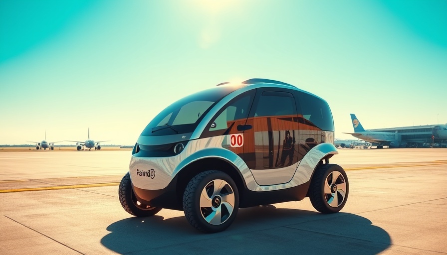 Autonomous ground handling vehicle on airfield, airport in background.