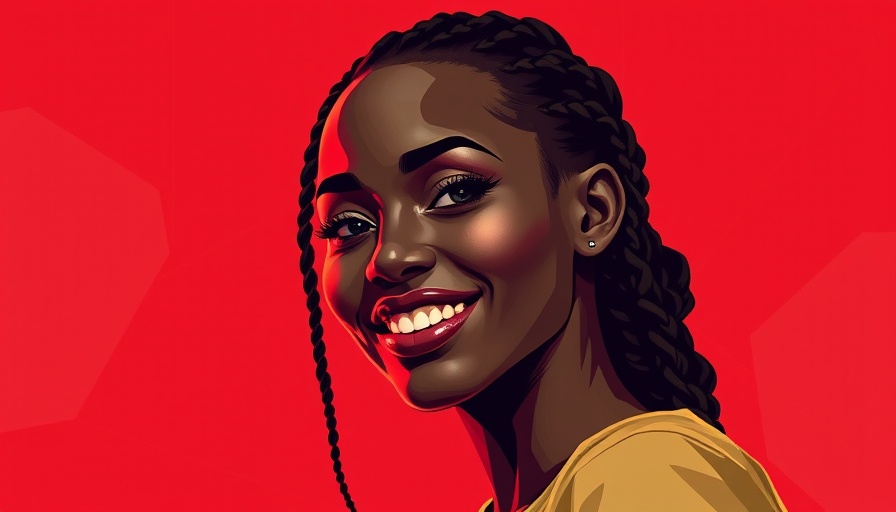 Stylized portrait of smiling woman with braided hair, abstract red background.