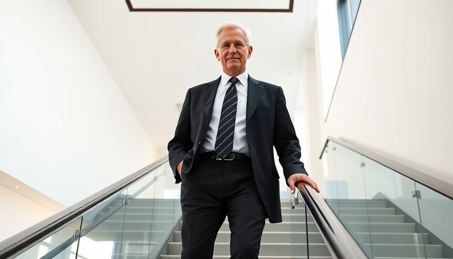 Professional older man on staircase in modern office.