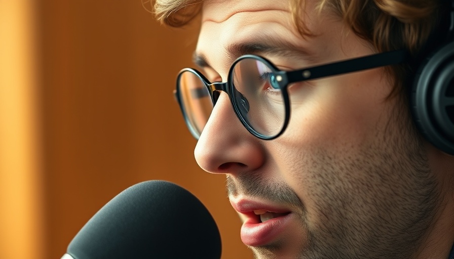 Man speaking into microphone discussing AI search features.