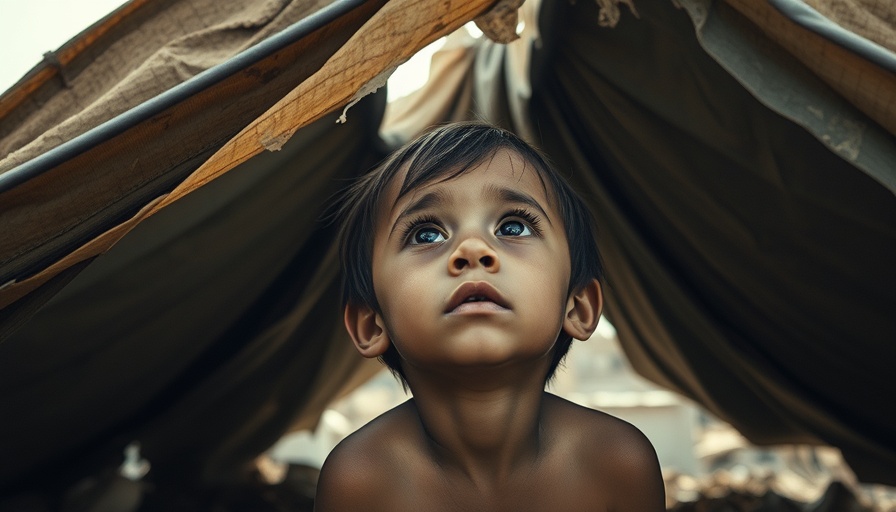 Child under damaged tarp in Gaza safe zone attack context.