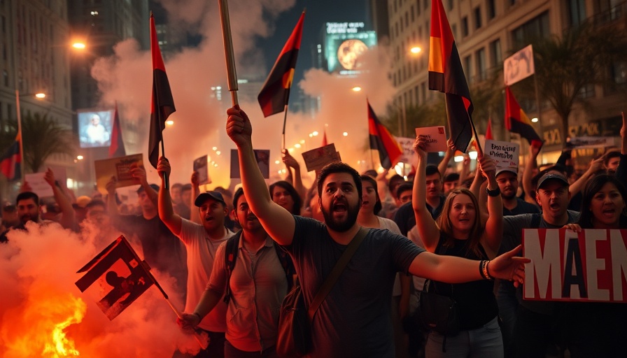 Release of Captives in Gaza protest with flags and smoke at night.