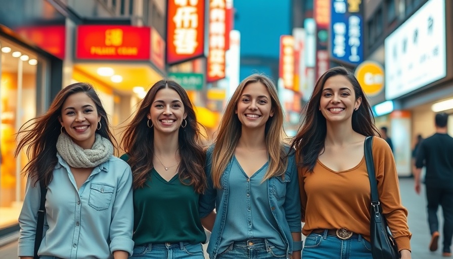 Happy young women in 4B Movement, vibrant urban night scene.