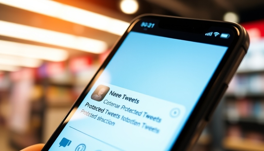 Smartphone displaying protected tweets, e-commerce trade reliability visual.
