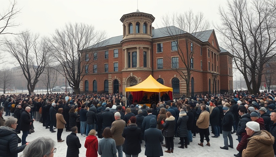 Haskell Free Library crowd at US-Canada border, facing division.