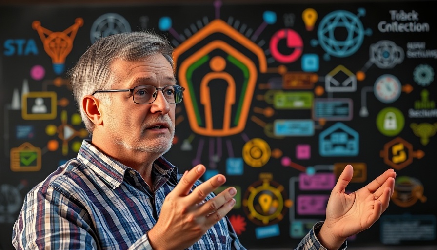 Middle-aged man discussing protecting AI systems with a colorful background