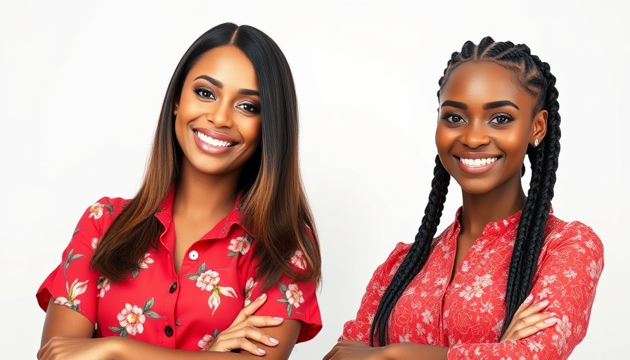 Confident women smiling in red floral attire.