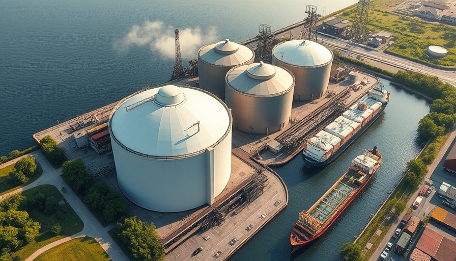 Aerial view of Nigeria energy facility with storage tanks and ship.