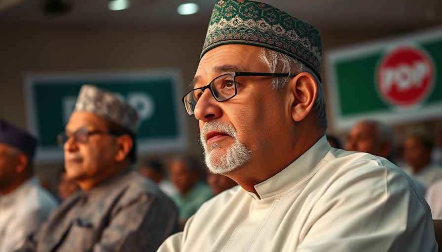Middle-aged man at political event with PDP logo.
