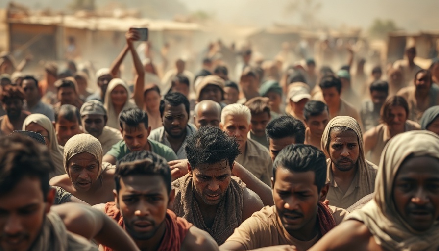 Gaza food desperation scene with crowd rushing for aid.
