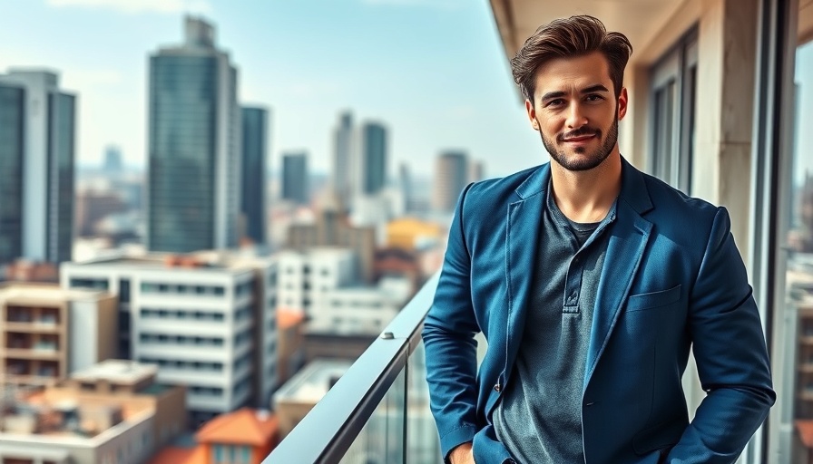 Man in blazer standing on balcony in sunny urban setting.