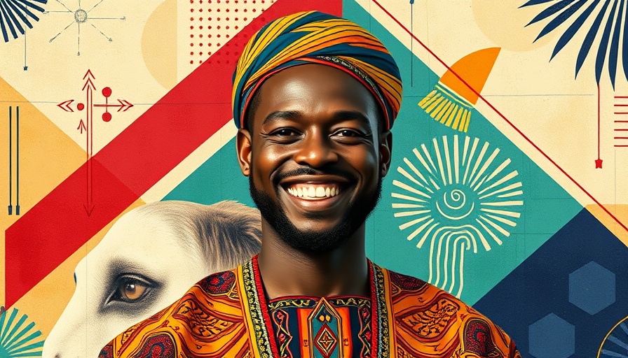 Smiling man in traditional attire with a modern tech-themed graphic background.