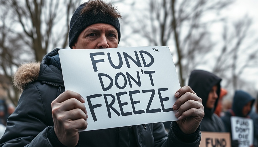 Protester urging science funding in winter setting, US global leader in science.