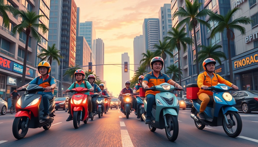 Cartoon delivery race in Lagos with sunset cityscape.