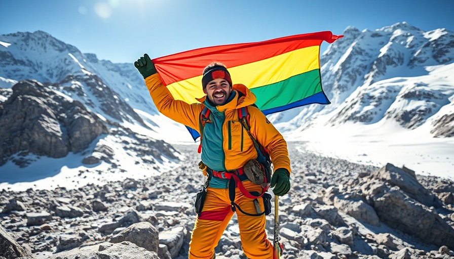 Angela Yeung climbing Mount Everest with advocacy flag.