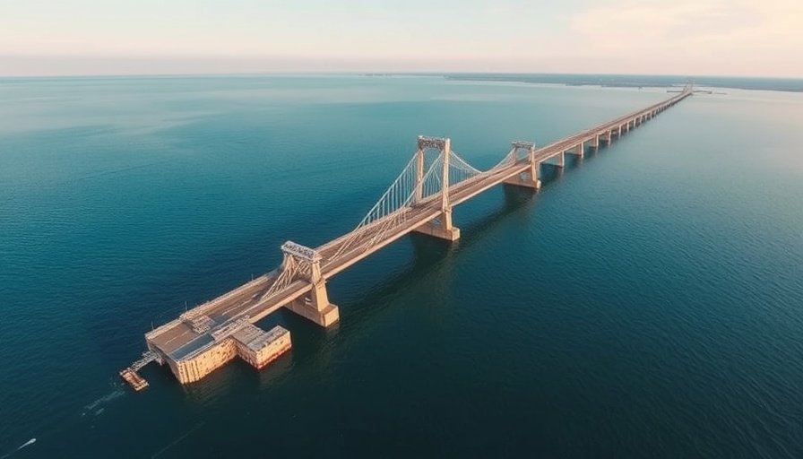 Ukraine strikes Crimea Bridge; aerial view with slight damage and calm sea.
