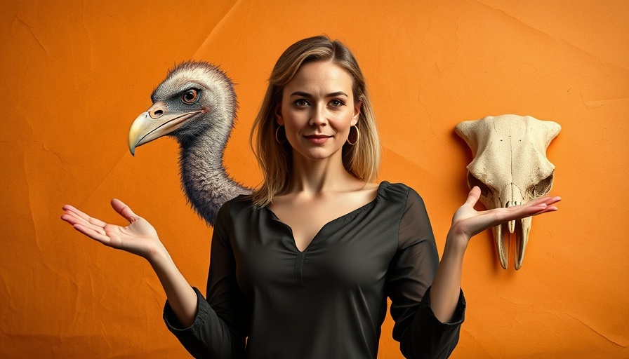 Confident woman gestures with vulture and skull illustration.