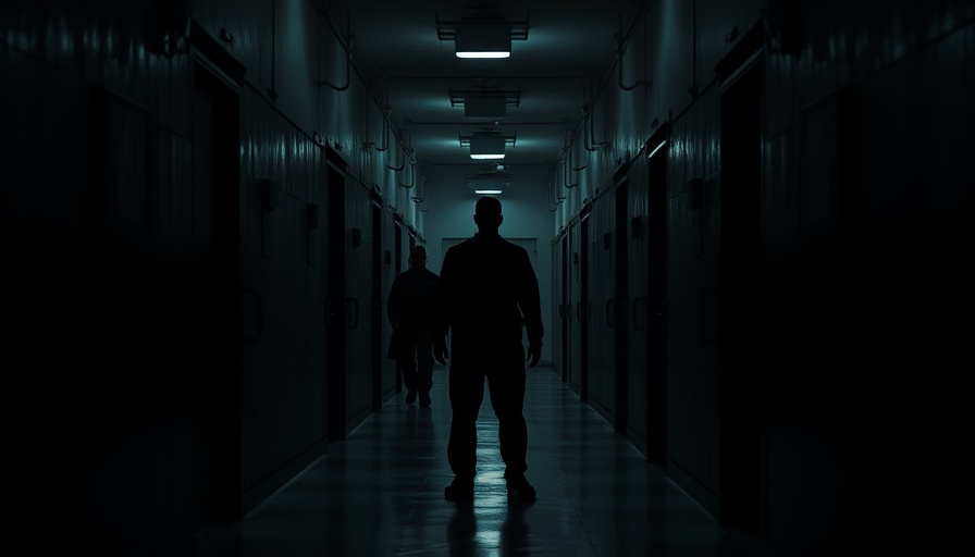 Dimly lit corridor, guards silhouetted; justice context.