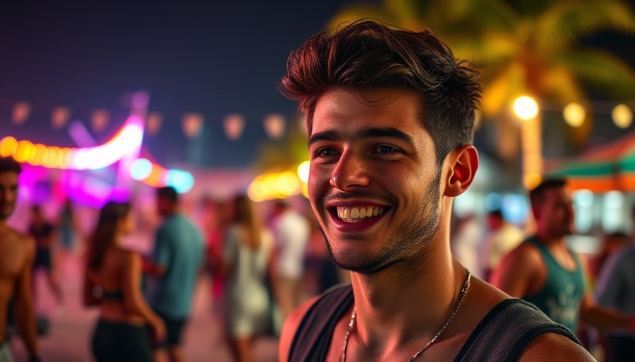 Dynamic nightlife in Rio de Janeiro with a smiling man on the beach.