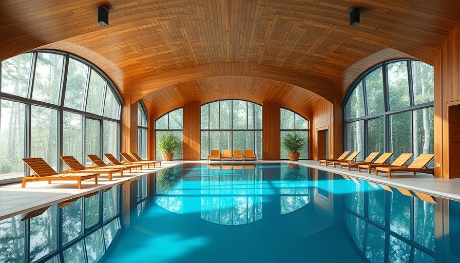 Spacious Airbnb with indoor pool and wooden lounge chairs.