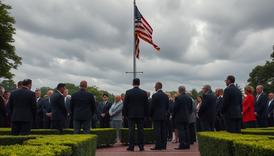 Crowd gathered at D-Day anniversary ceremony under an overcast sky.