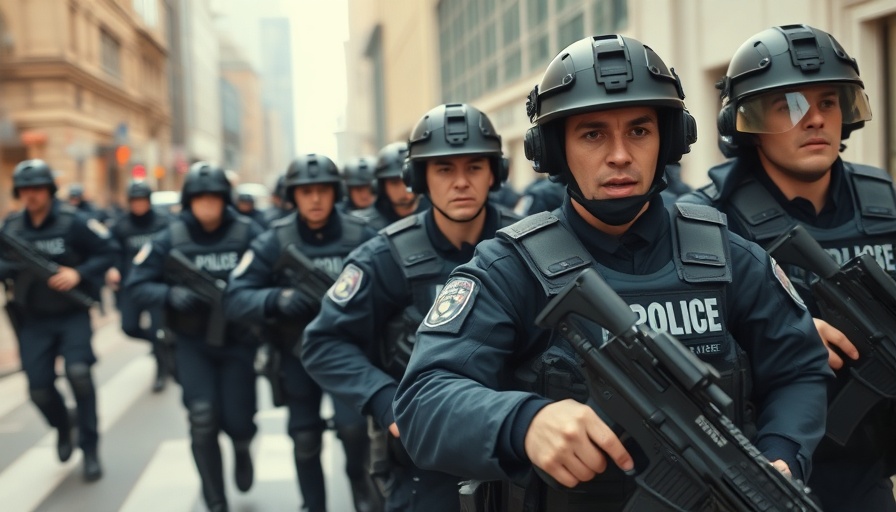 Police officers in Los Angeles during immigration raids, urban street.