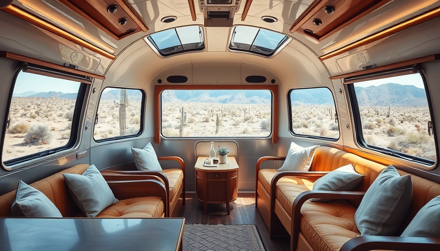 Stylish Frank Lloyd Wright Airstream trailer interior with desert view.