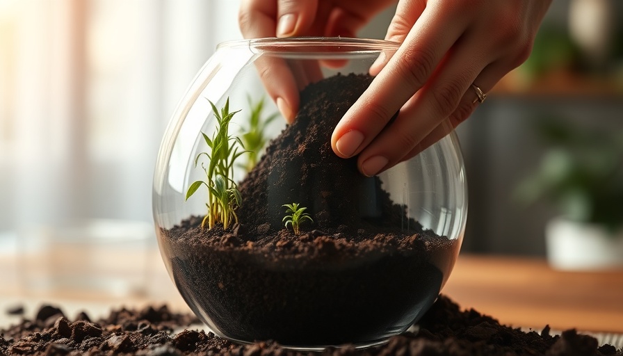 Hands placing soil in a mini ecosystems terrarium, close-up view.