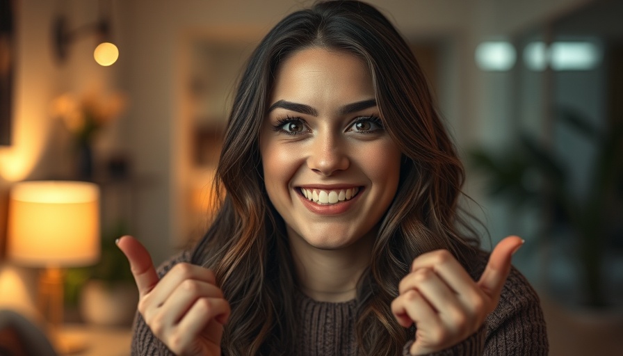Young woman smiling during a body transfer illusion experiment indoors.