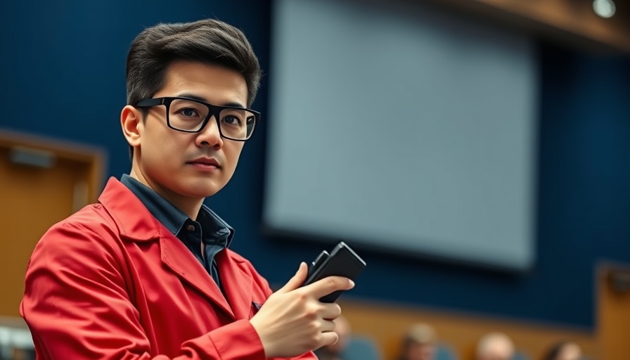 Confident presenter demonstrating light bending techniques in a lecture hall.