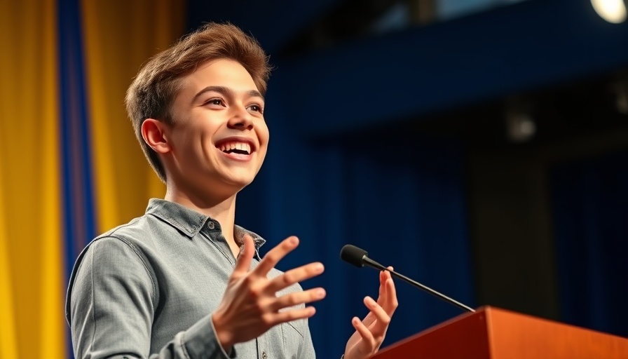 Young speaker discussing Norse mythology climate lessons on stage