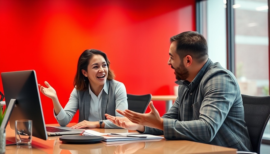 Enthusiastic professional at desk in modern office, discussing work.